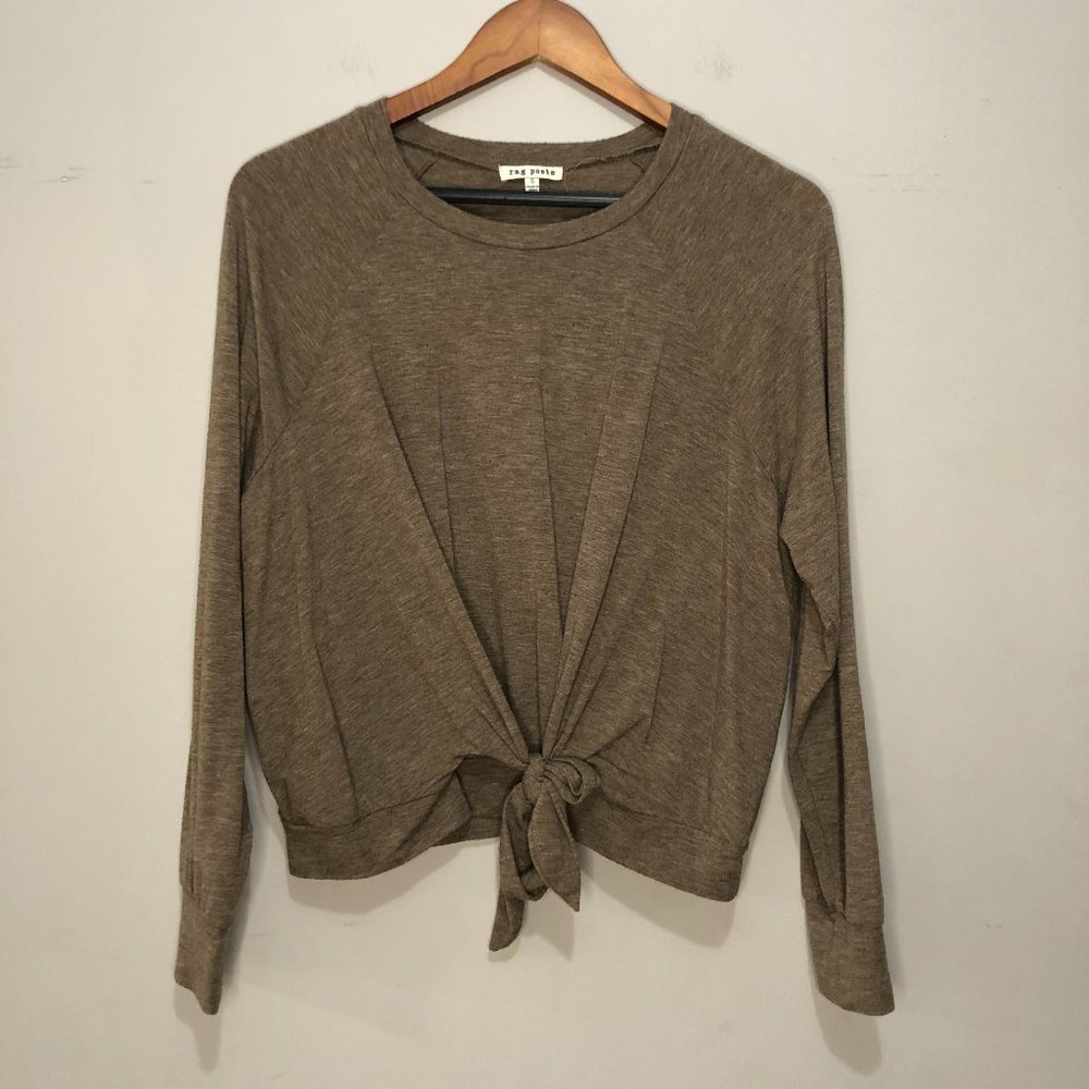Rag Poets Long Sleeve Tie Front Oversized Top Brown Small